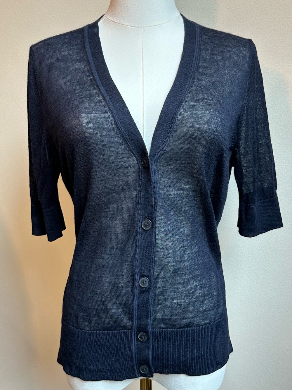 LOFT Lightweight Simple Navy 3/4 Sleeve V-Neck Button Cardigan | SIZE M